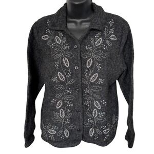 Vtg Studio Works Boiled‎ Wool Sweater Sz M Gray Embroidered Granny Cottagecore